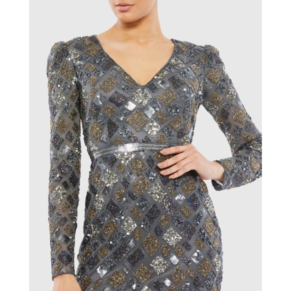 Mac Duggal New Long Sleeve‎ Geometric Sequin Midi Dress in Charcoal 6 MSRP $348